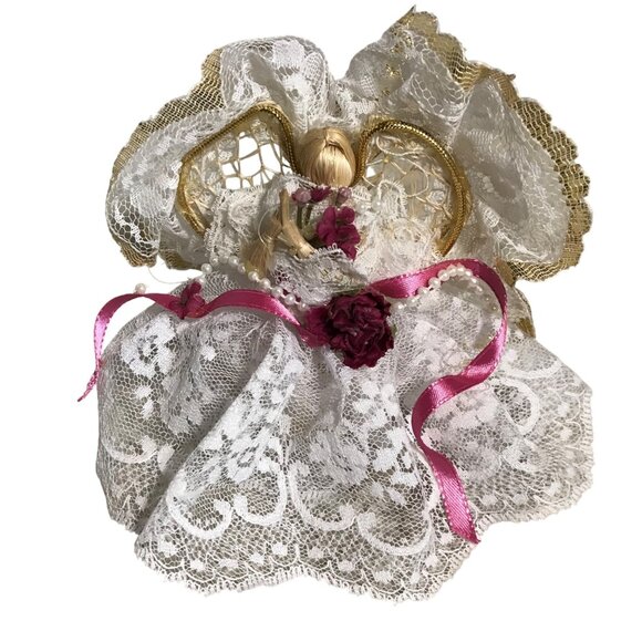 Vintage Lace Angel Tree Topper With Gold Accents & Pink Ribbon 5 Inches Tall - Picture 1 of 8